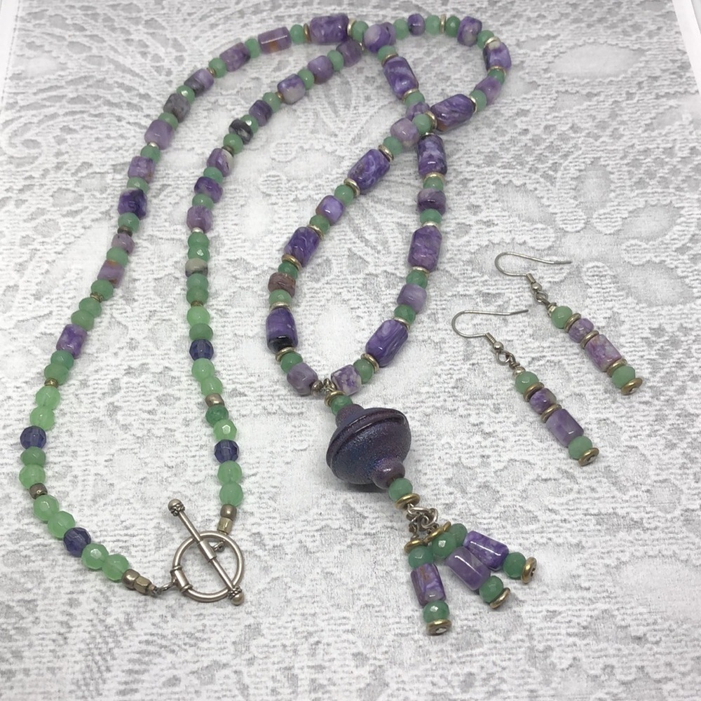 Artisan sterling silver beaded jewelry set necklace and earrings